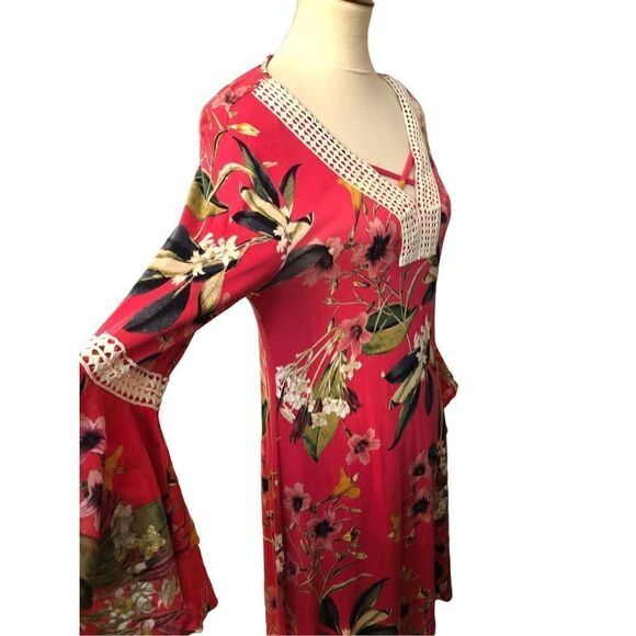 Cupio Ladies Size M Pink Floral Flutter Bell Sleeve Knit Dress mixed media sleev - Picture 5 of 14